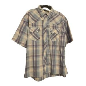 Vtg Rustler by Wrangler Pearl Snap Shirt Men's Large Blue Cotton Shiny Threads